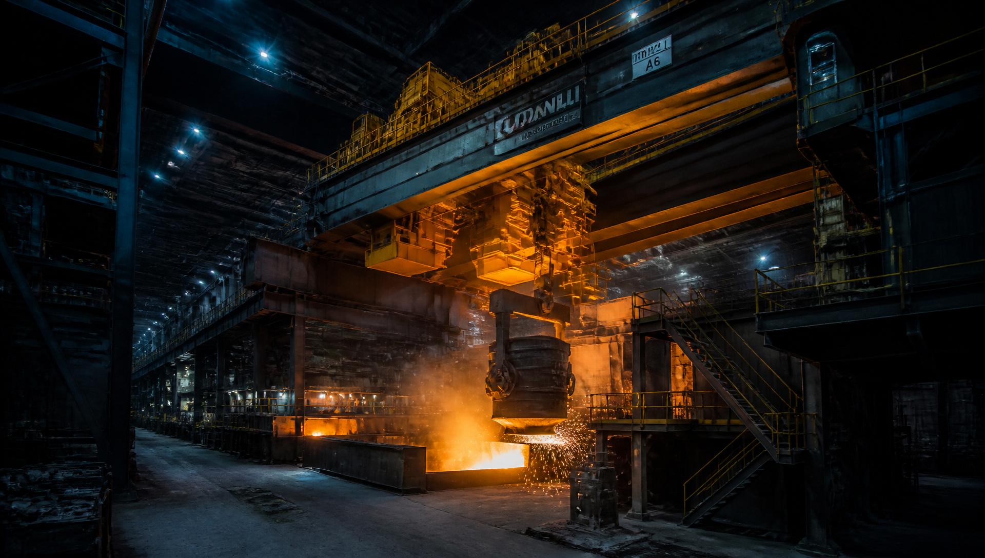 Ponte rolante industrial em operação em siderúrgica
